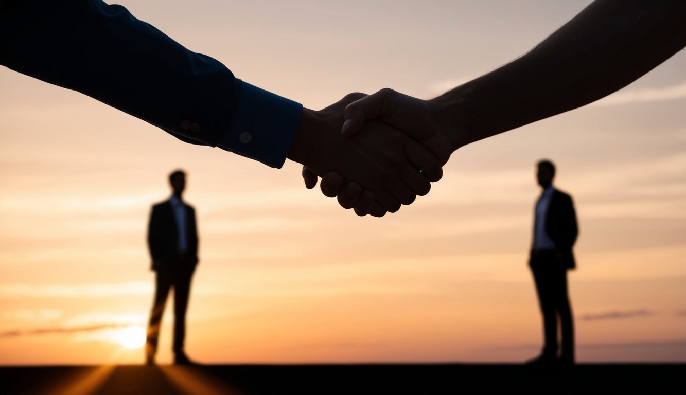 A handshake between two silhouettes in front of a sunset