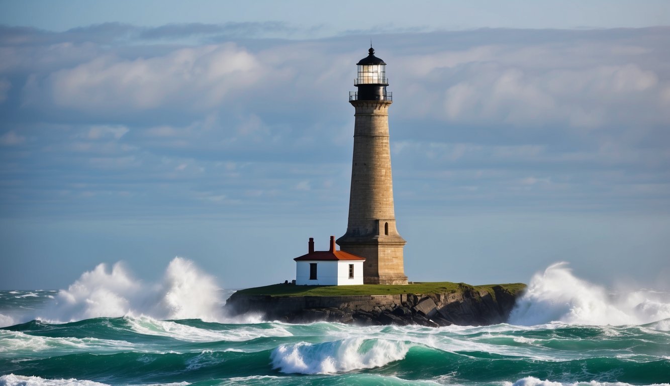 A lighthouse standing tall and strong amidst turbulent waves, guiding ships safely to shore