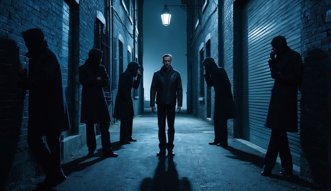 A lone figure stands in a dark alley, surrounded by shadowy figures whispering and glancing suspiciously