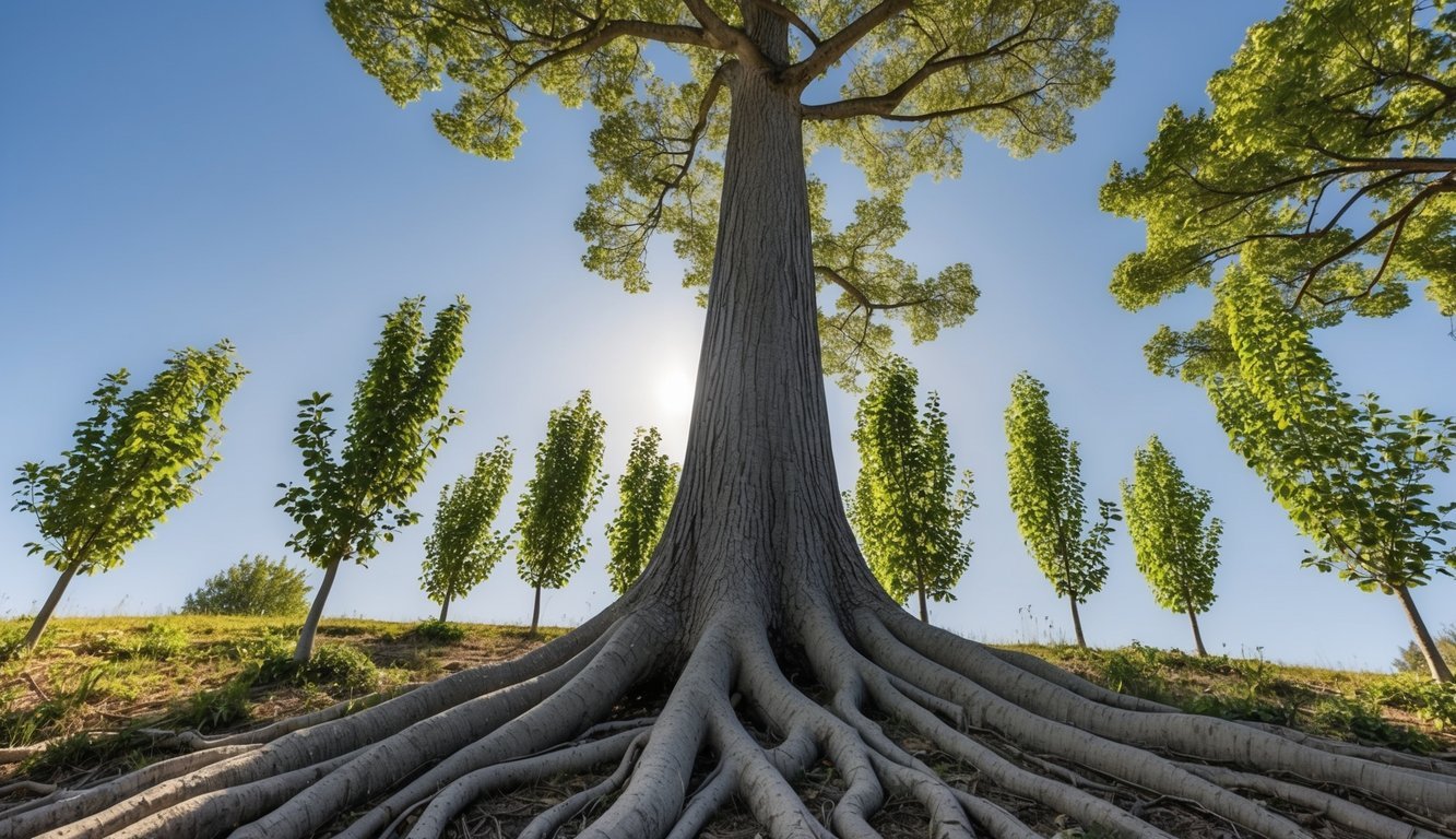 A tree growing tall and strong, with roots firmly planted in the ground, surrounded by smaller saplings reaching towards the sky