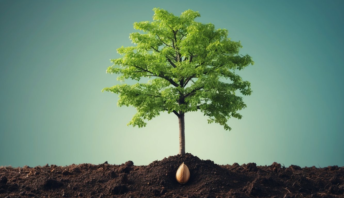 A small seed planted in rich soil, growing into a towering tree with strong branches reaching out in all directions