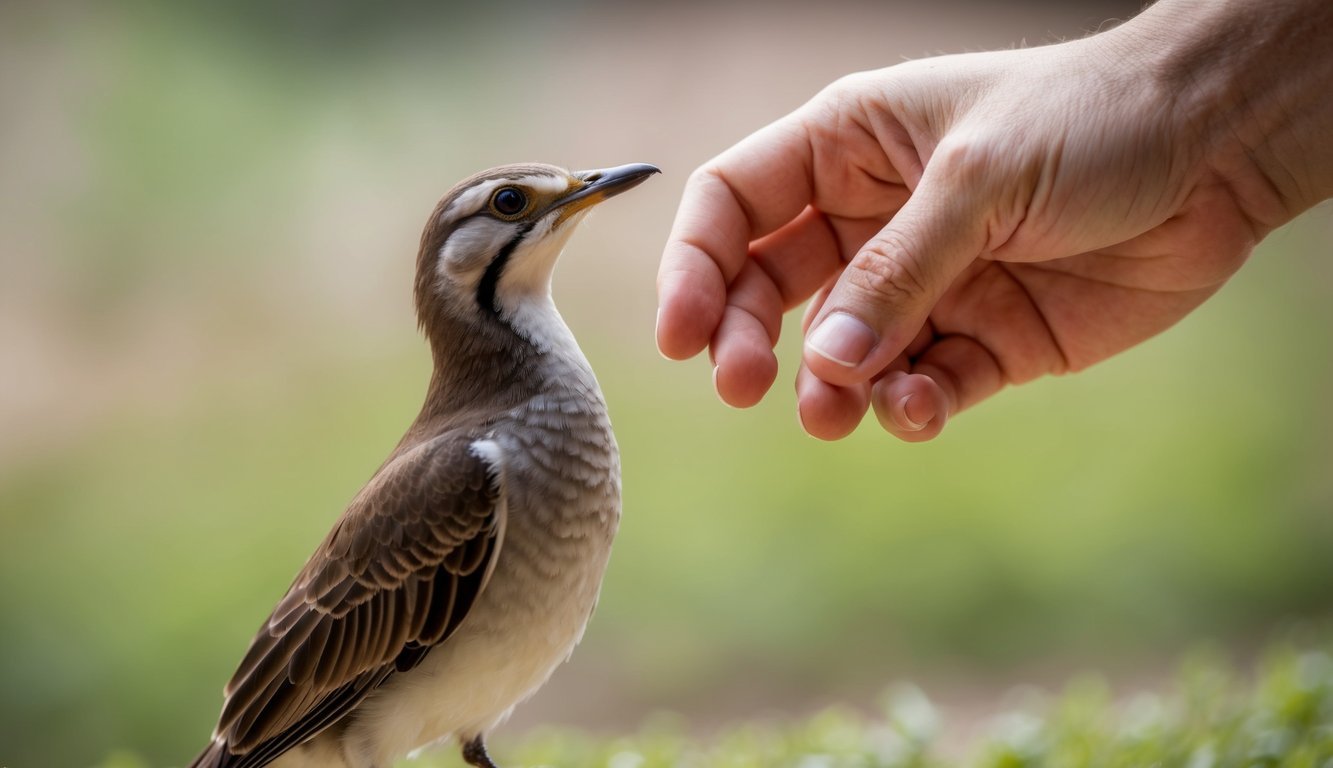 A hand reaching out to a hesitant bird, earning its trust