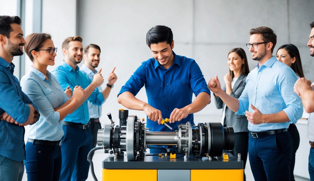 A person confidently fixing a complex machine, surrounded by onlookers nodding in approval