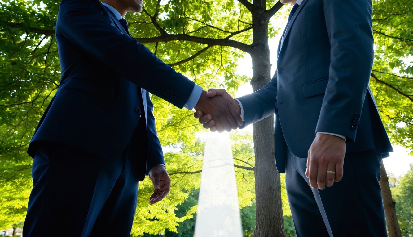 A handshake between two silhouettes under a tree, with a beam of light shining between them