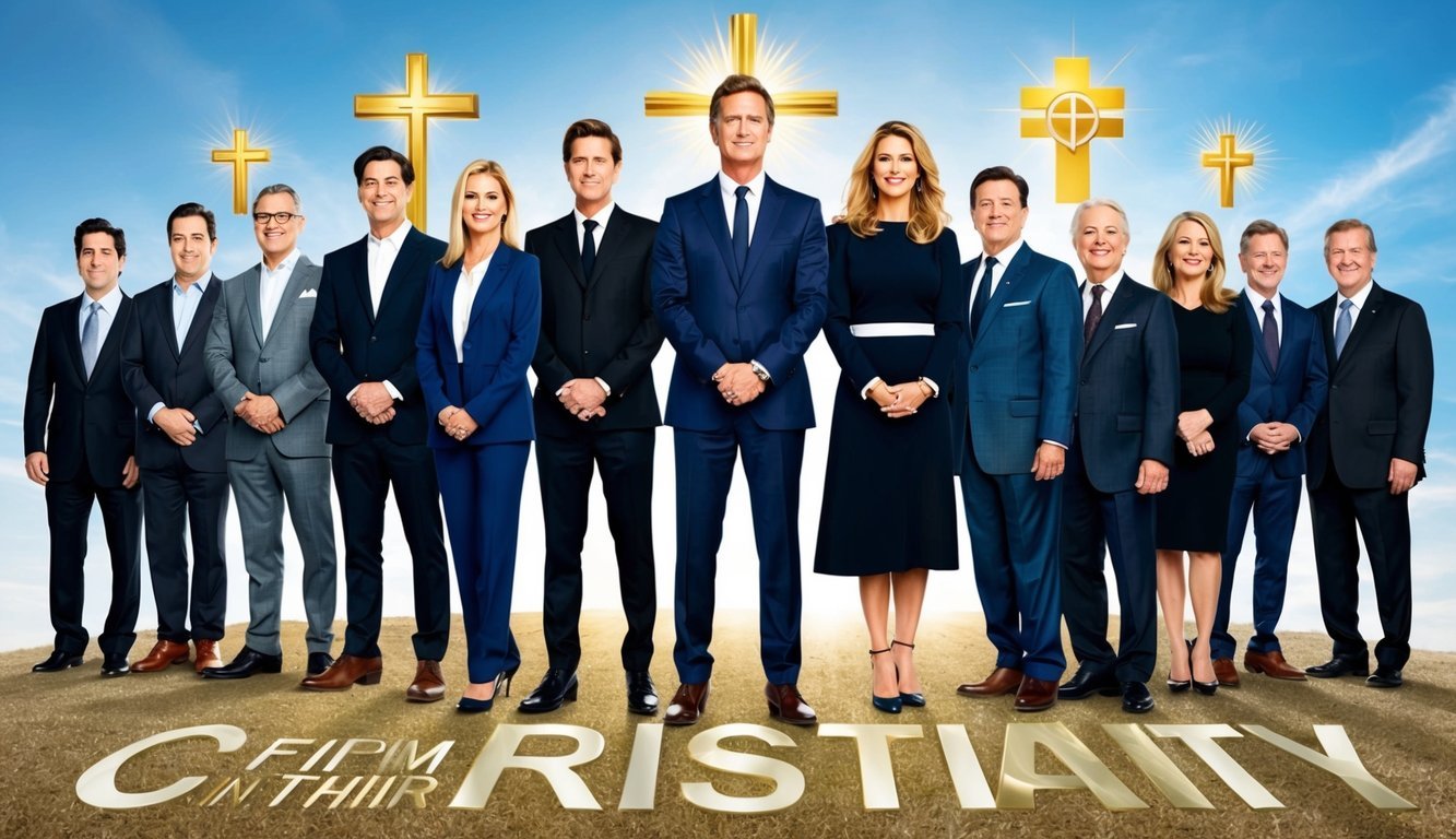 A group of celebrities standing firm in their faith, surrounded by symbols of Christianity and spiritual elements