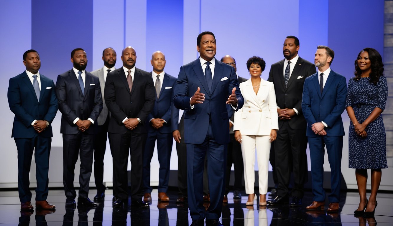 A group of celebrities standing firm in their Christian beliefs, with Denzel Washington at the center, expressing gratitude for his success to his faith