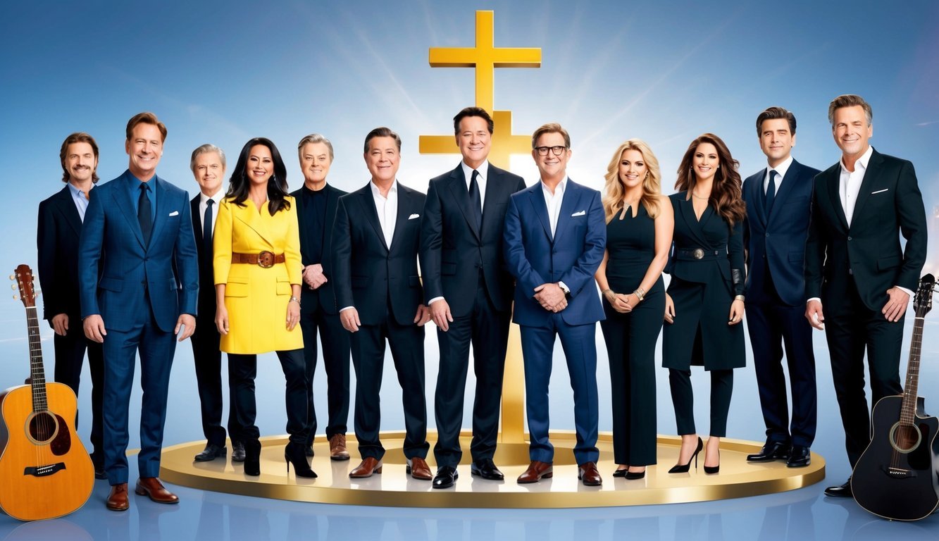 A group of celebrities standing firm in their faith, surrounded by symbols of Christianity and musical instruments