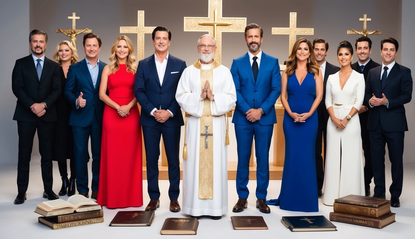 A group of celebrities standing firm in their Christian faith, surrounded by symbols of their beliefs such as crosses and religious texts