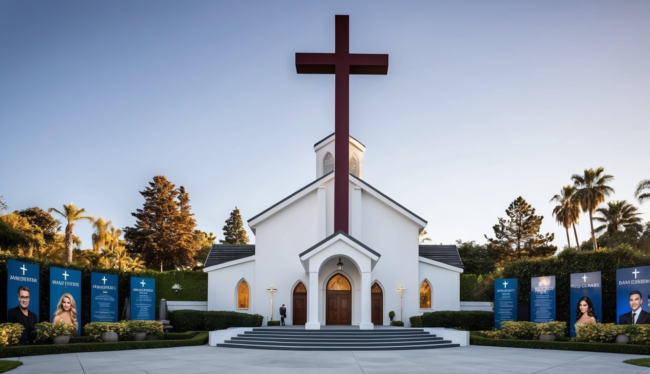 A church with a prominent cross, surrounded by famous celebrities in the background