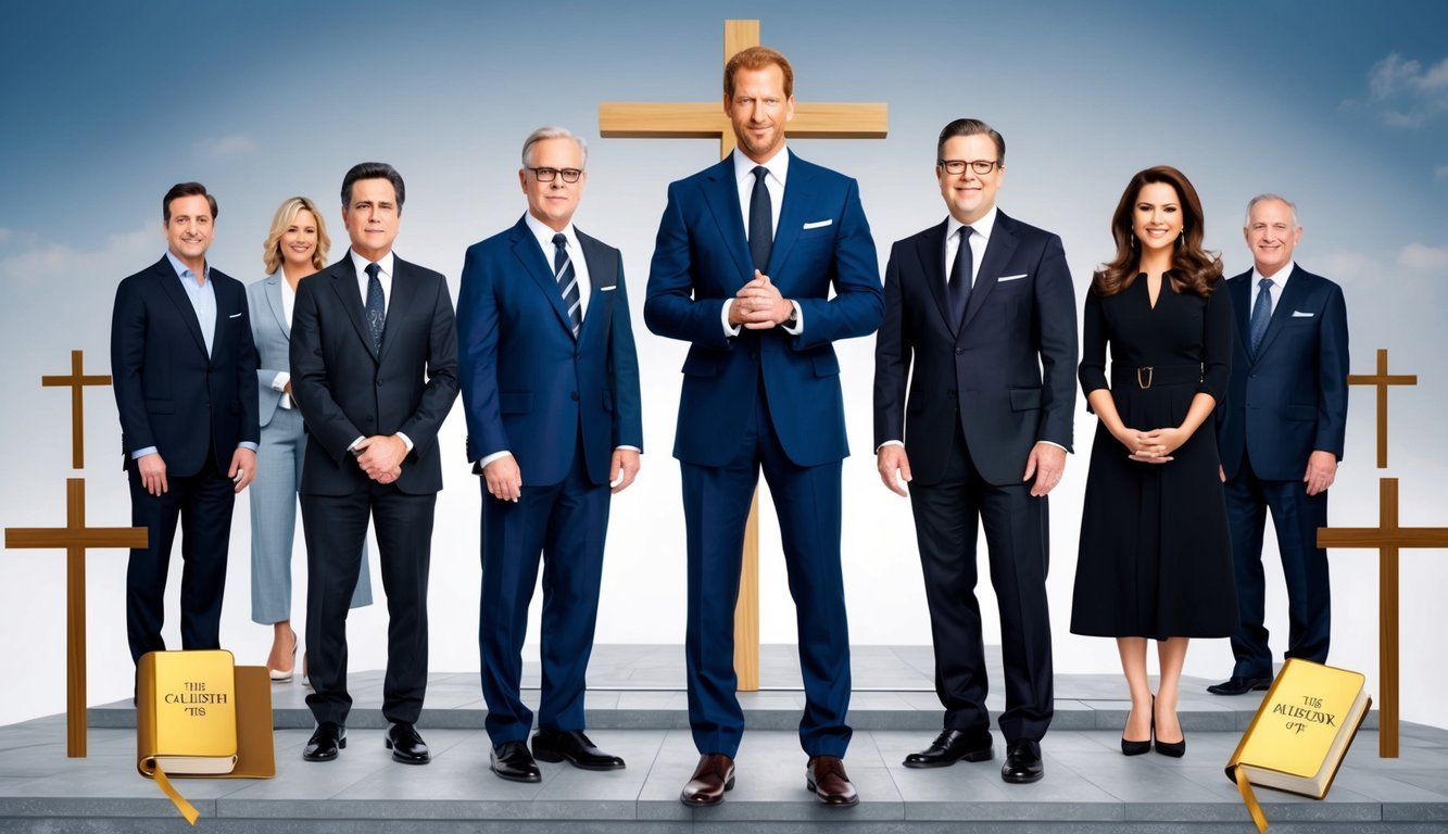 Celebrities standing firm in their faith, surrounded by symbols of Christianity such as crosses, Bibles, and church architecture
