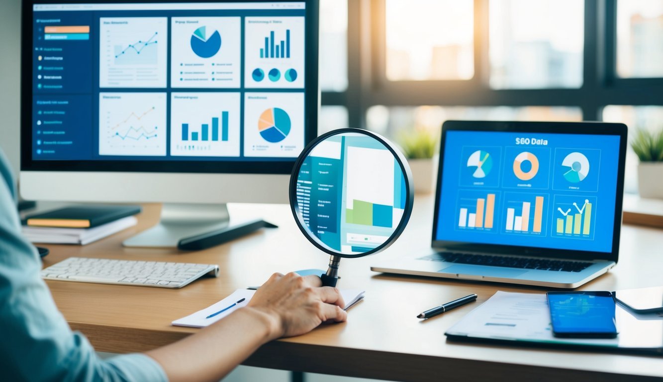 A desk with a computer, various charts and graphs, and a magnifying glass analyzing SEO data