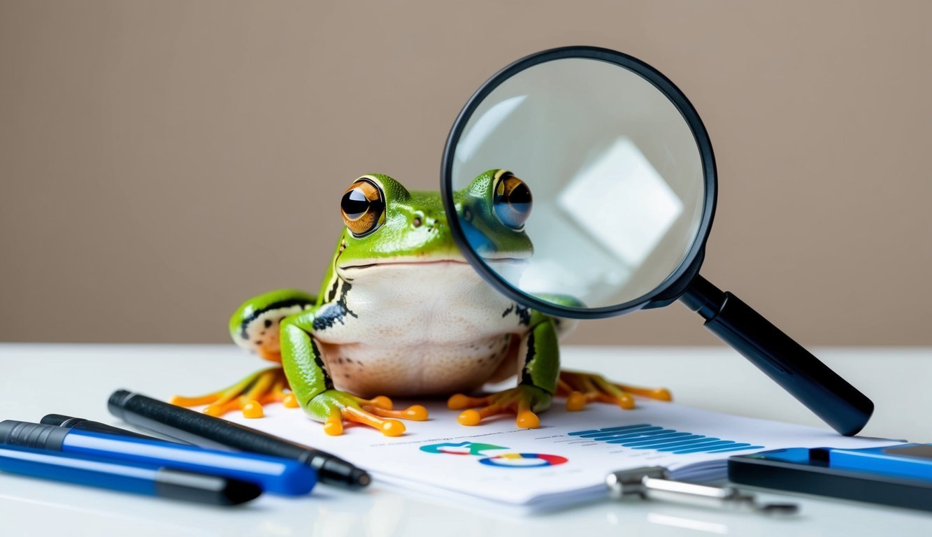 A frog using a magnifying glass to examine various SEO tools