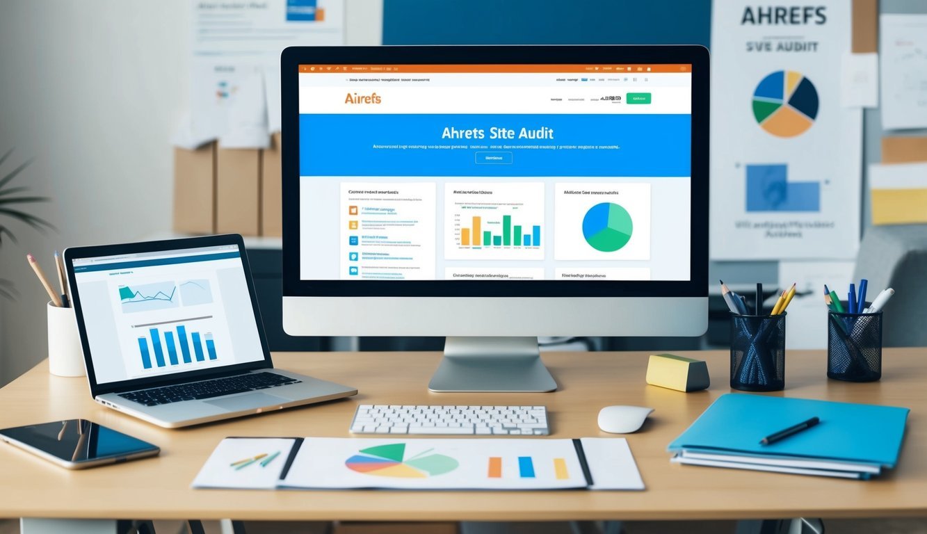 A desk with a computer screen displaying Ahrefs Site Audit and various visual SEO tools, surrounded by marketing materials and office supplies