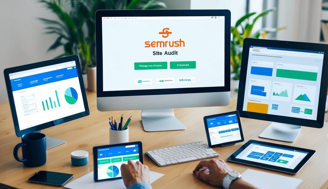 A desk with a computer showing SEMrush Site Audit surrounded by various visual SEO audit tools