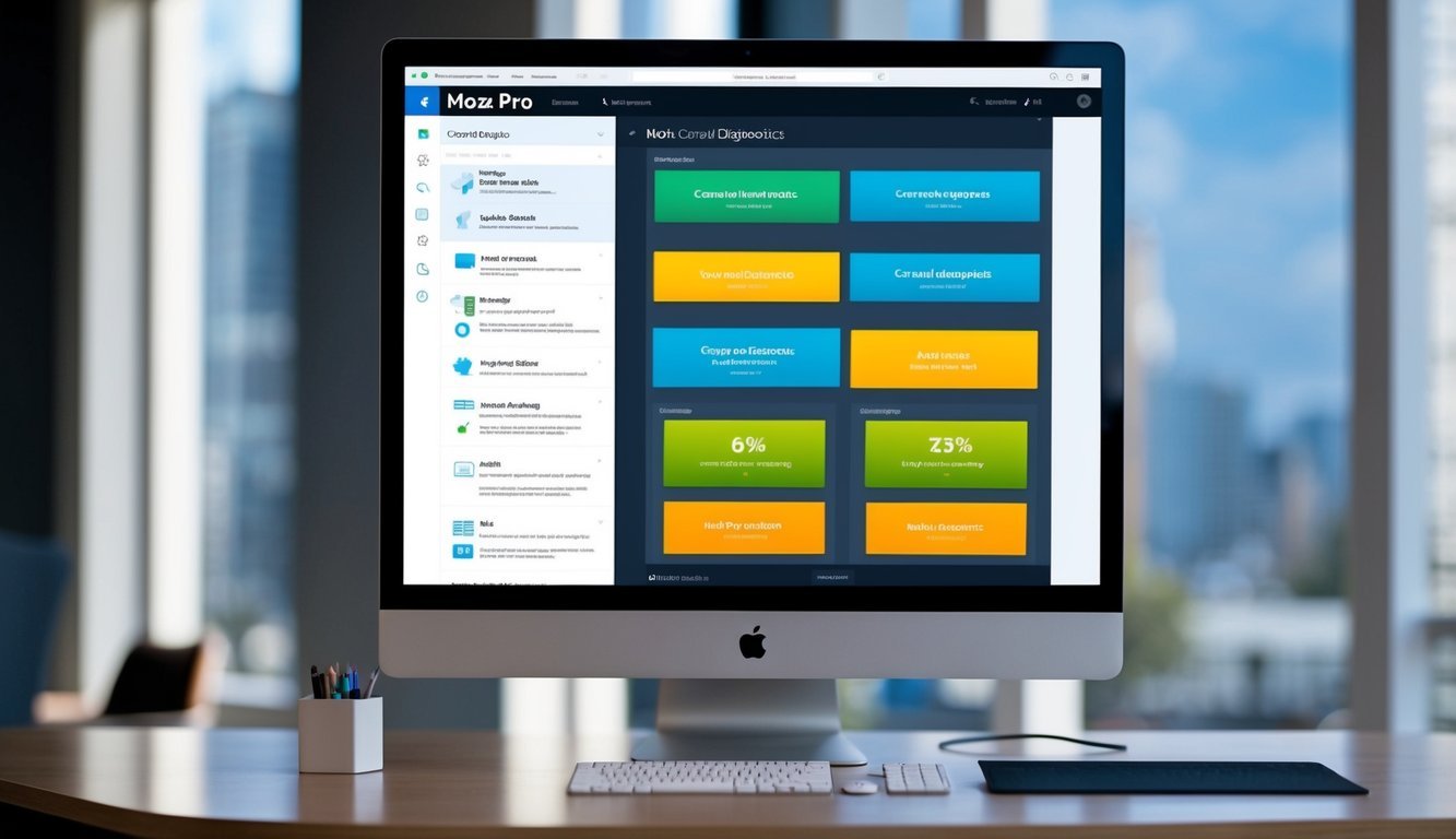 A computer screen displaying Moz Pro Crawl Diagnostics with various visual SEO audit tools