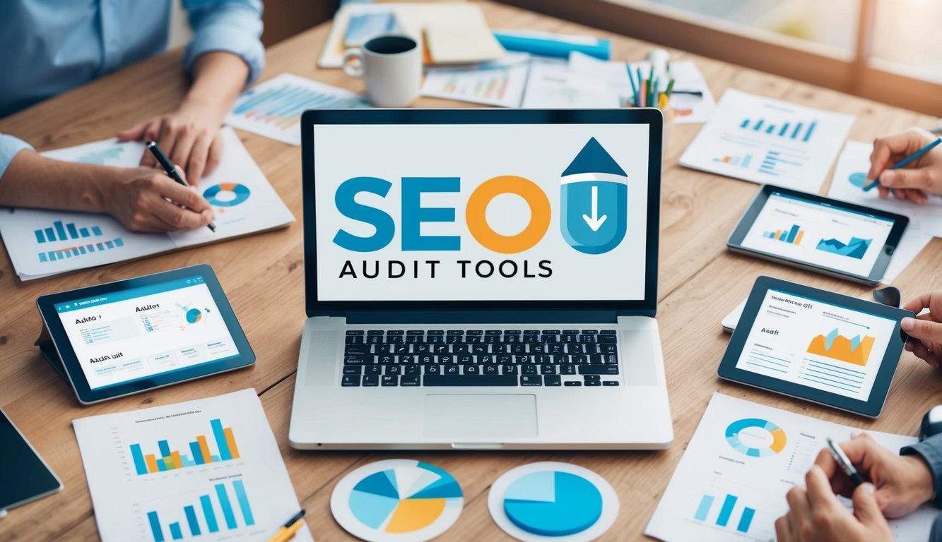 A laptop displaying 12 SEO audit tools surrounded by various charts and graphs