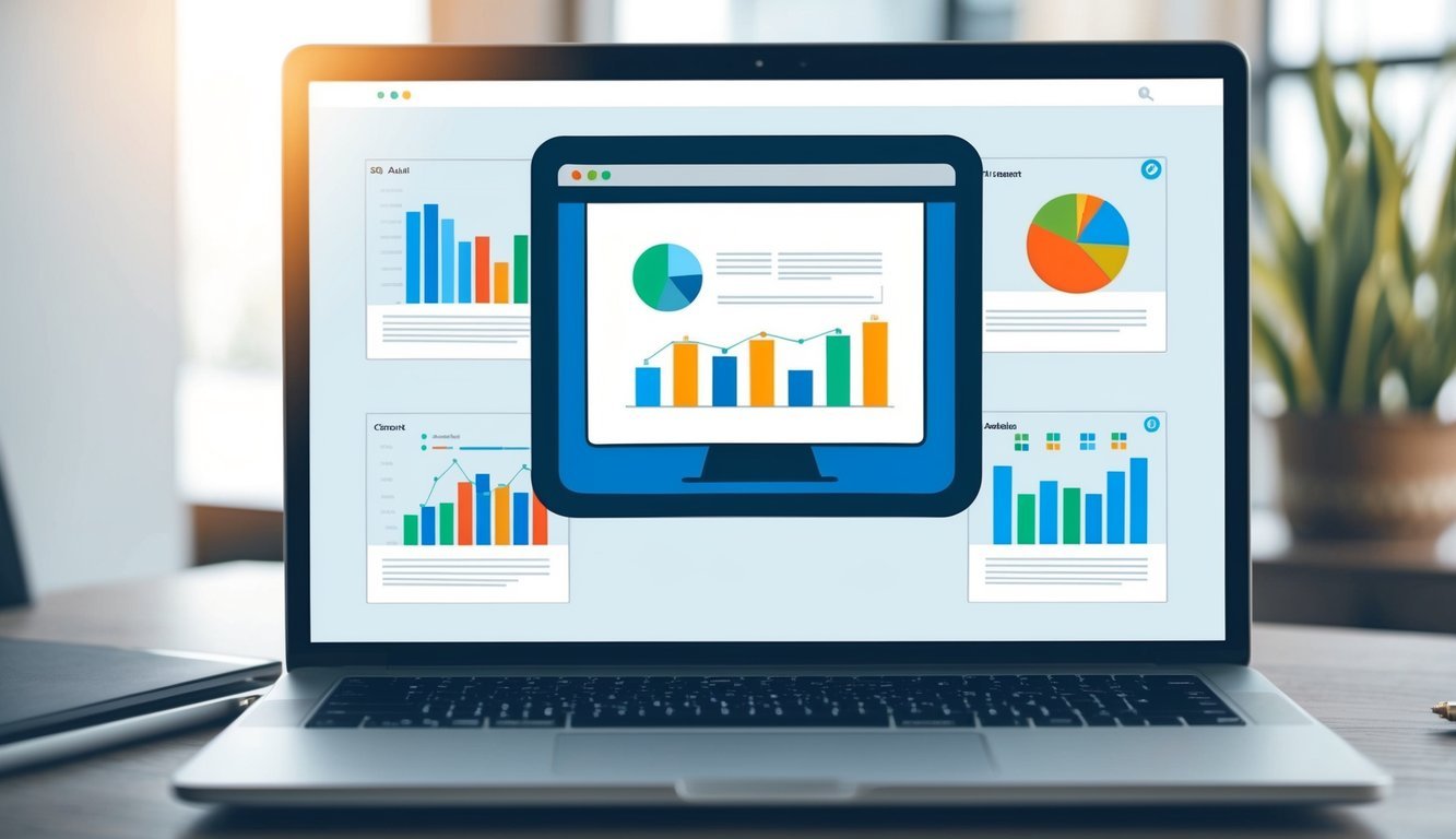 A laptop displaying various SEO audit tools with charts and graphs