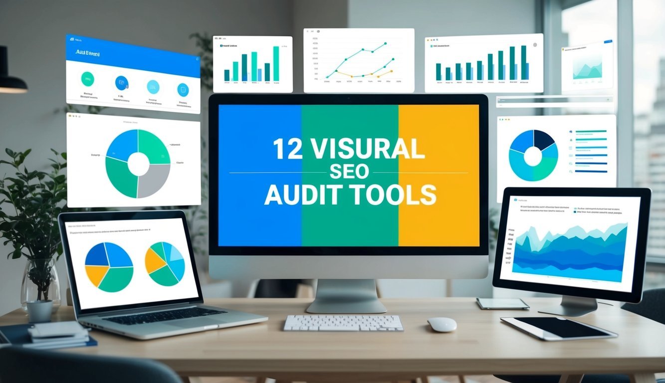 A computer screen displaying 12 colorful visual SEO audit tools surrounded by charts, graphs, and data visualizations