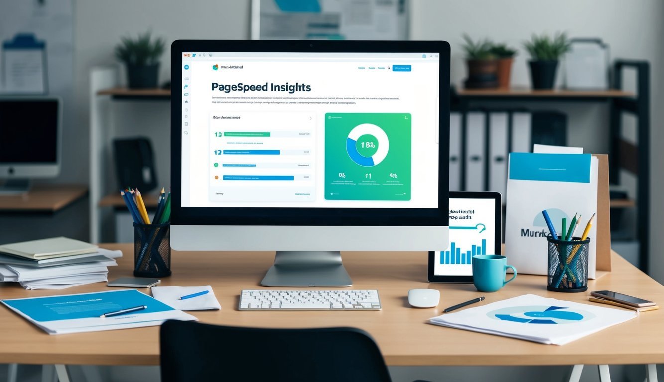 A desk with a computer screen showing PageSpeed Insights and 12 visual SEO audit tools, surrounded by marketing materials and office supplies