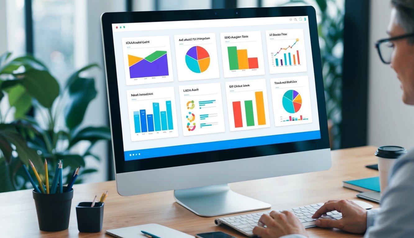 A computer screen showing 12 SEO audit tools with colorful graphs and charts