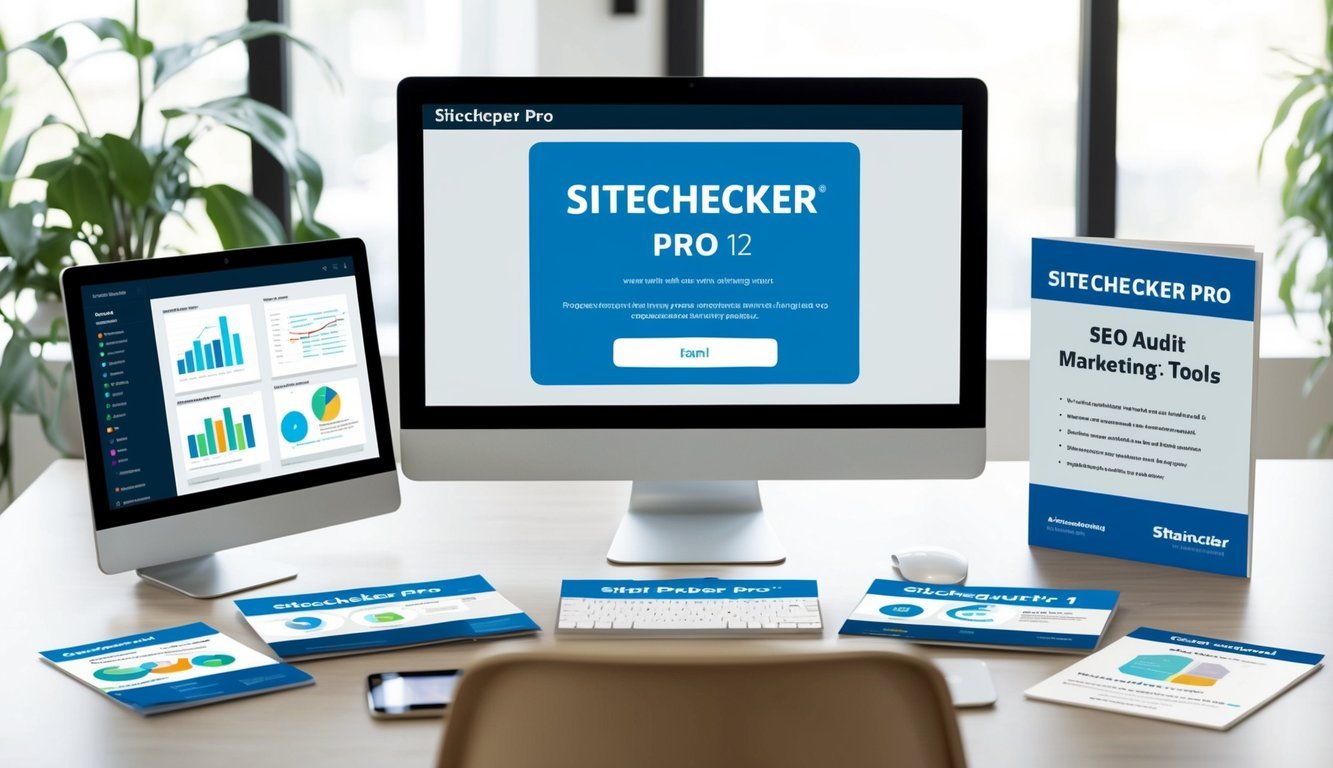 A desk with a computer screen showing Sitechecker Pro 12 surrounded by various visual SEO audit tools and marketing materials
