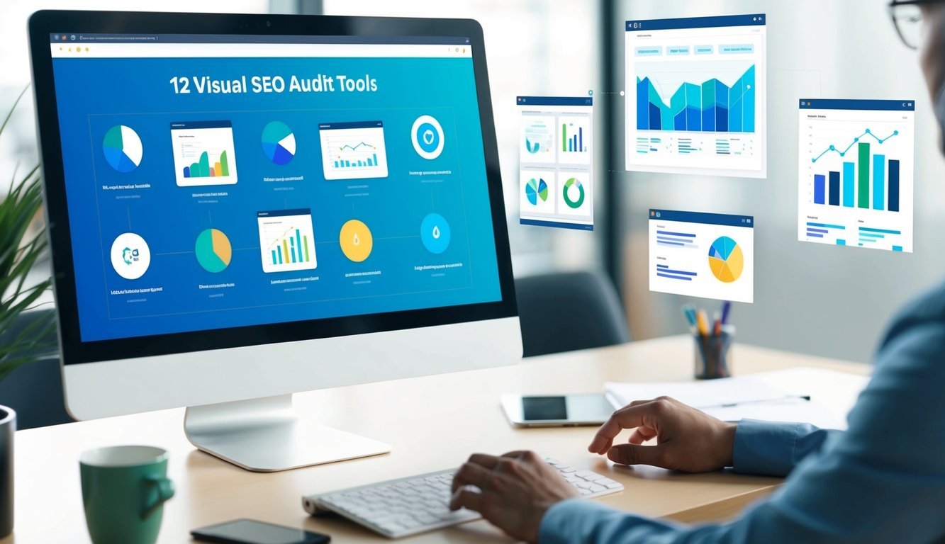 A computer screen displaying 12 visual SEO audit tools with charts, graphs, and website screenshots.</p><p>A person analyzing and optimizing the visuals
