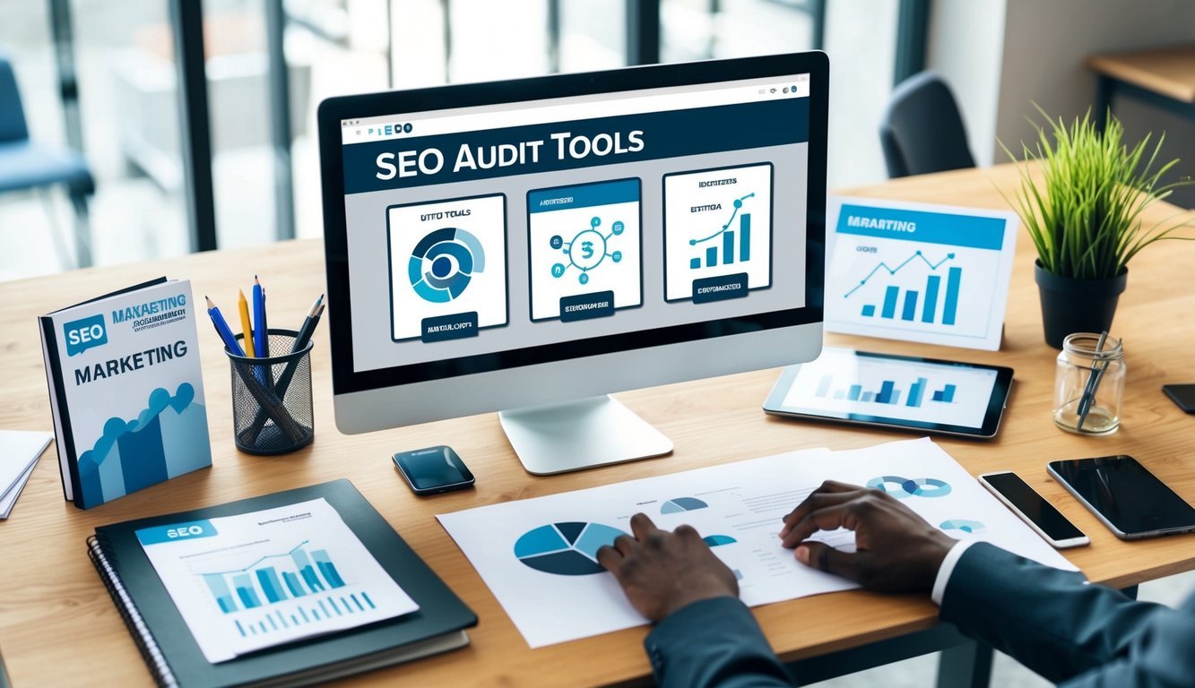 A desk with a computer displaying various SEO audit tools, surrounded by marketing materials and charts
