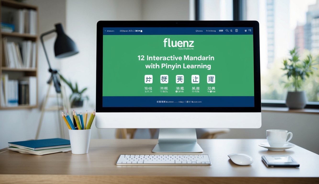 A computer screen displaying 12 interactive Fluenz Mandarin with Pinyin language learning courses