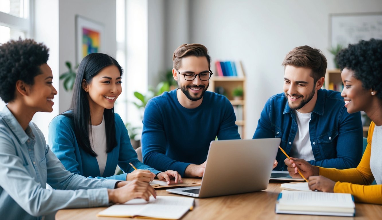 A diverse group of people engaging in interactive language learning activities online