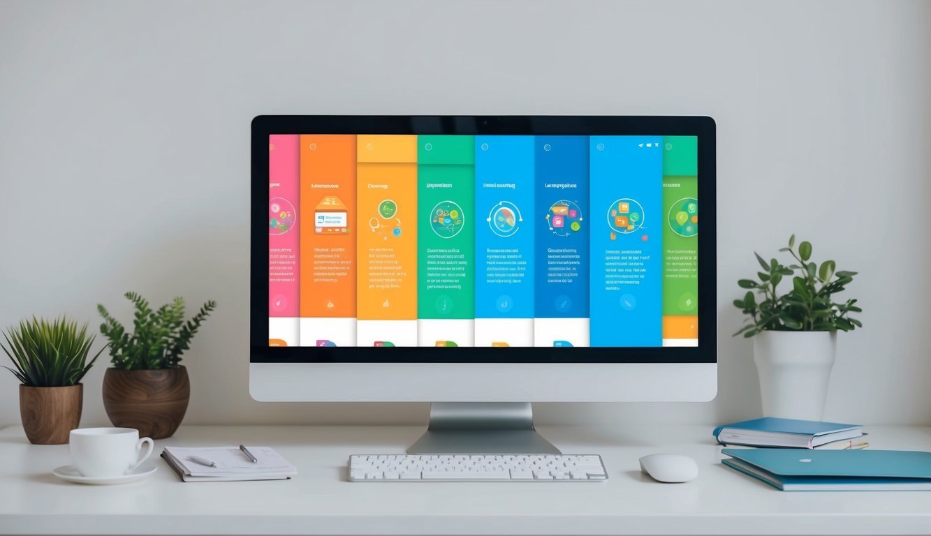 A computer screen displaying a series of colorful and engaging interactive language learning courses