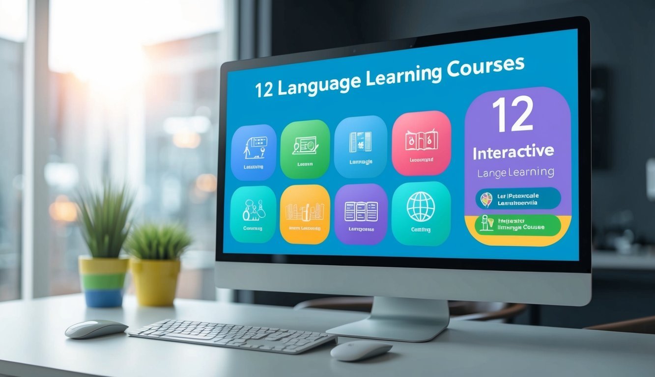 A computer screen displaying 12 interactive language learning courses with colorful icons and engaging graphics