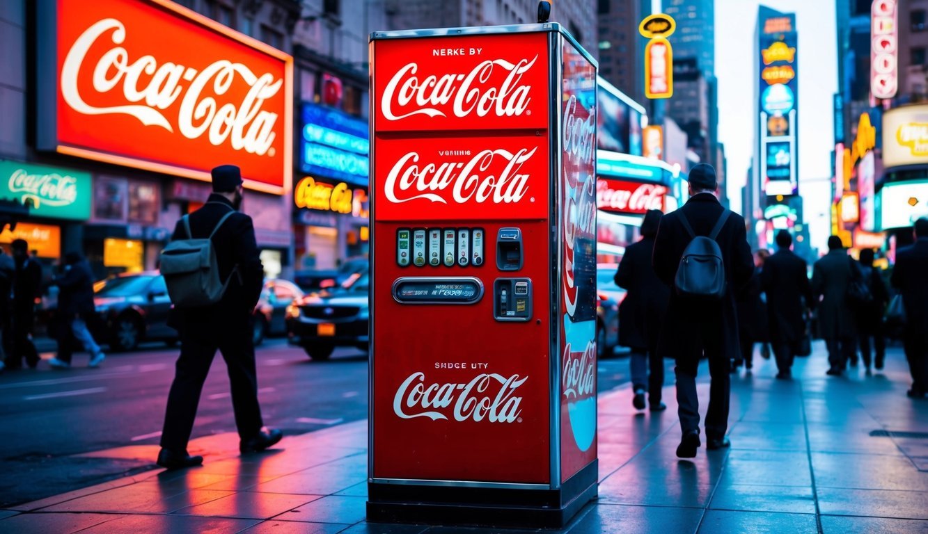 A vintage Coca-Cola vending machine surrounded by neon signs and bustling city streets
