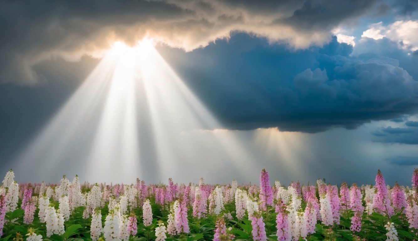 A beam of light shining through storm clouds onto a field of blooming flowers