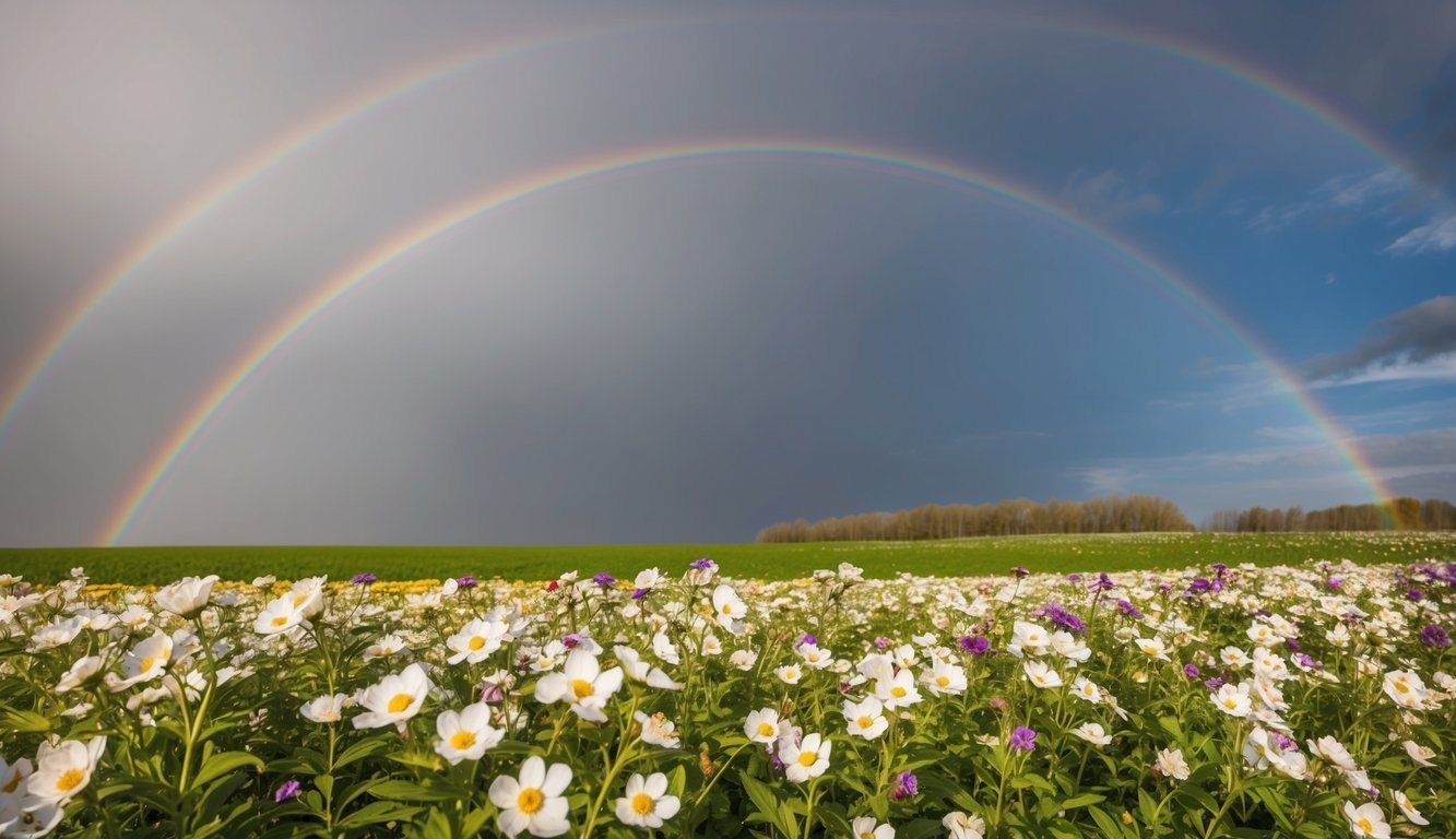 A field of blooming flowers with a rainbow stretching across the sky