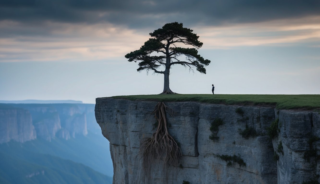 A lone tree standing tall on a cliff edge, with its roots reaching deep into the ground, symbolizing the belief in the impossible