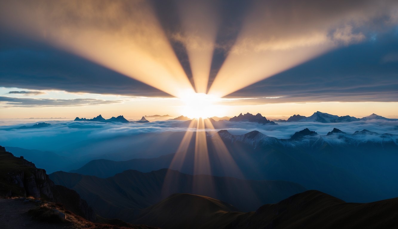 A majestic sunrise over a mountain range, with beams of light breaking through the clouds, creating a sense of awe and wonder