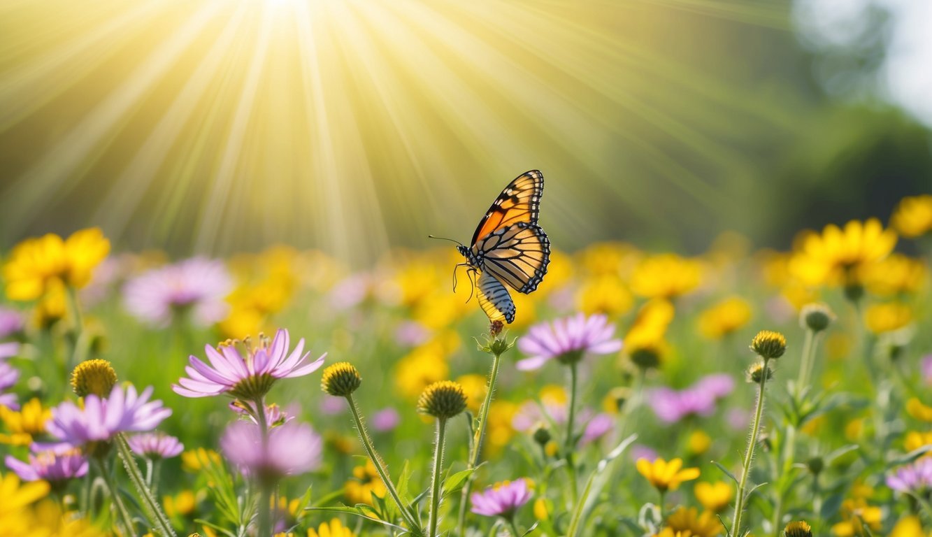 A field of blooming wildflowers, with a butterfly emerging from its chrysalis, surrounded by rays of golden sunlight