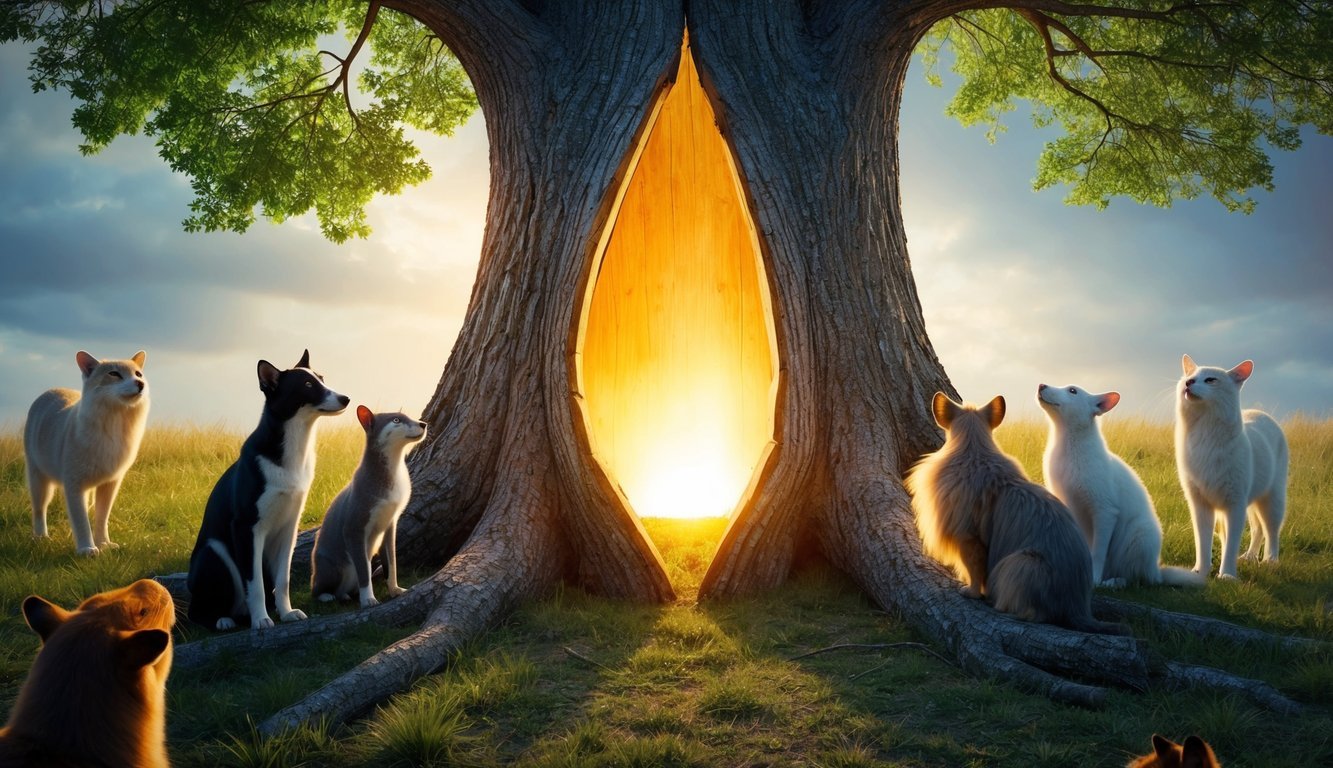 A tree splitting open to reveal a glowing light within, surrounded by animals watching in awe