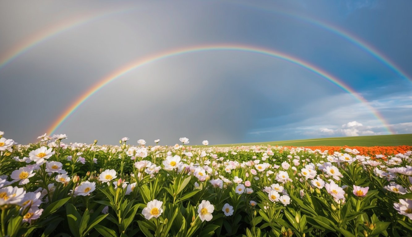 A field of blooming flowers with a rainbow stretching across the sky