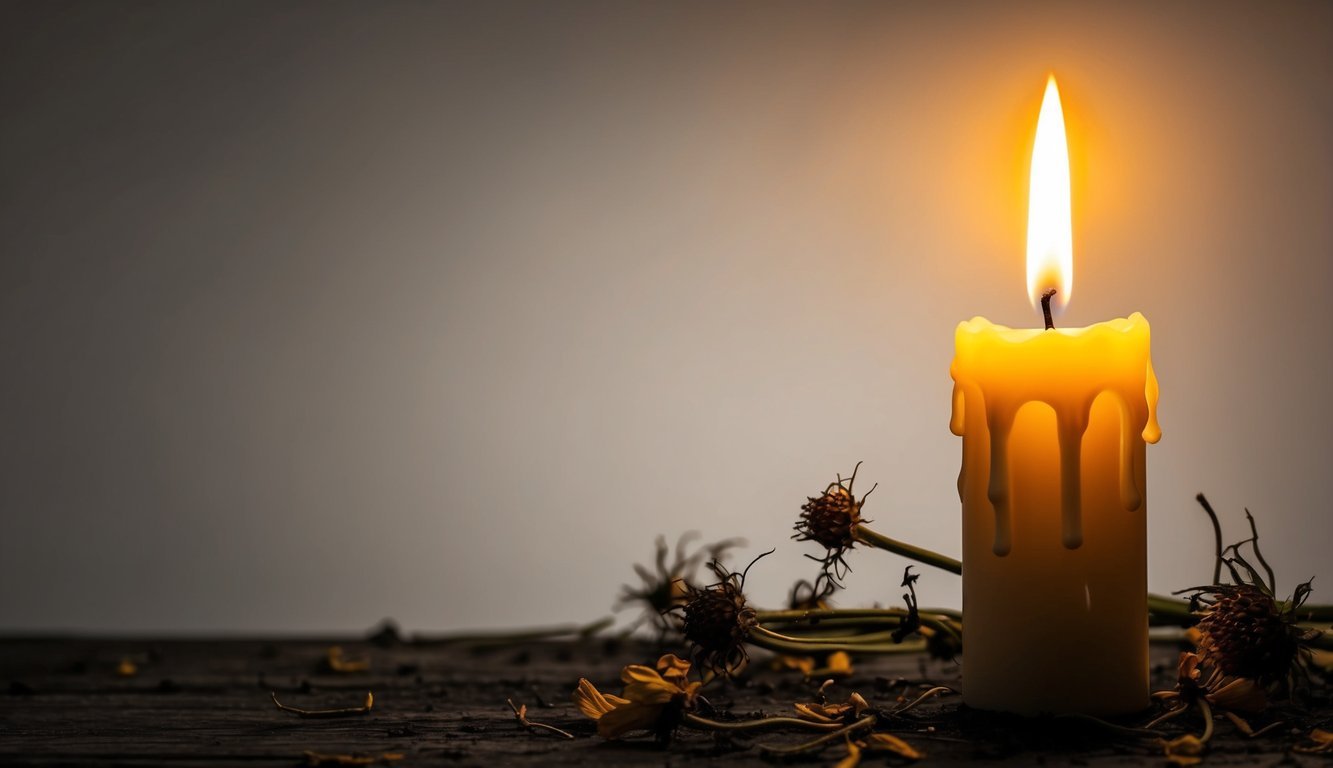 A single candle burning in the darkness, surrounded by wilted flowers, yet casting a warm glow, symbolizing hope amidst despair