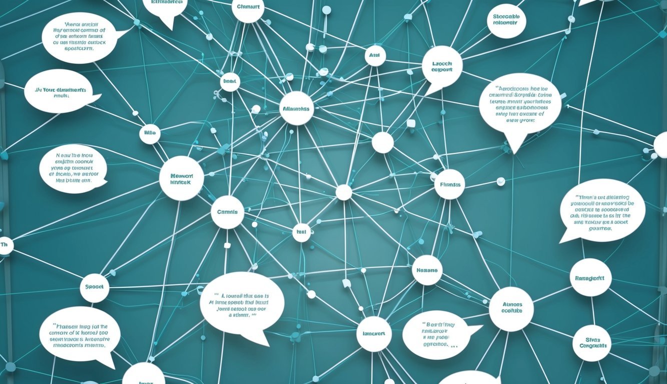 A network of interconnected lines forming a web, with various nodes representing relationships, surrounded by quotes in speech bubbles
