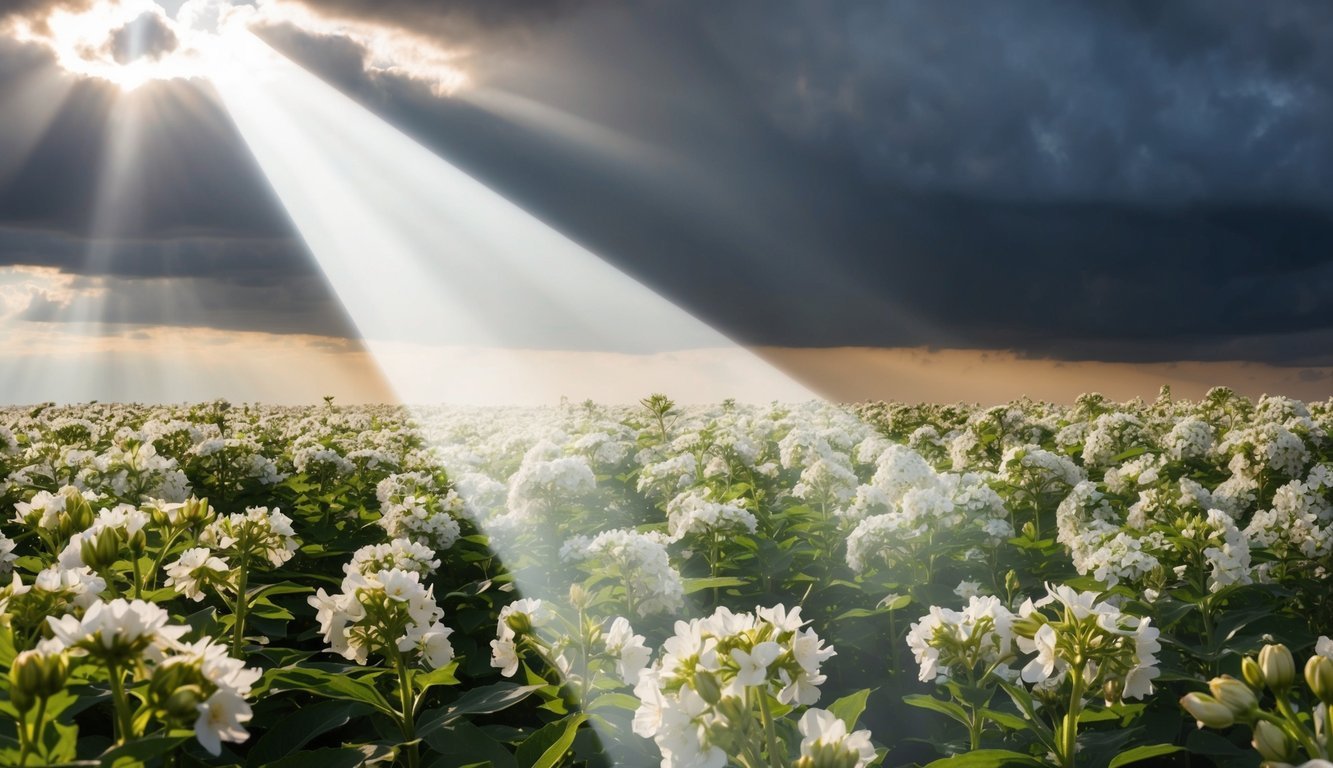 A beam of light shining through dark clouds onto a field of blooming flowers