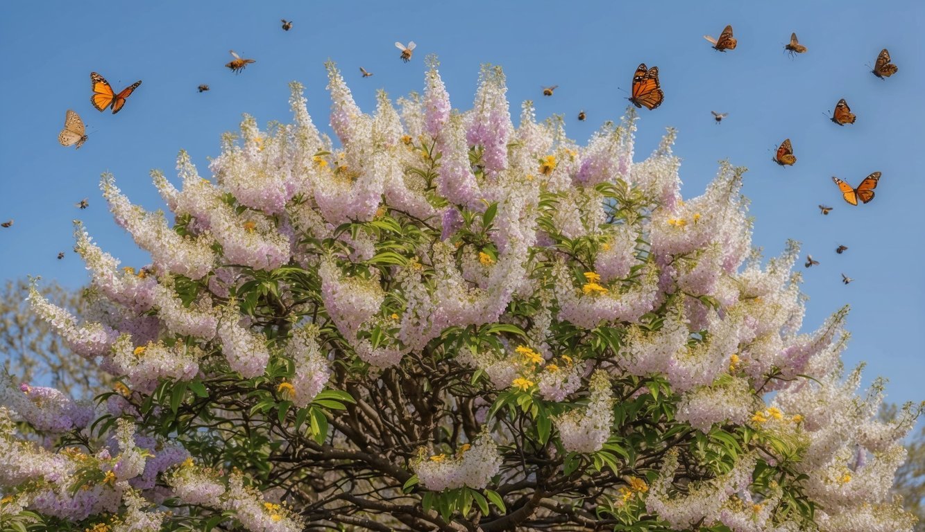 A tree blooming with thousands of delicate, colorful flowers, surrounded by fluttering butterflies and buzzing bees