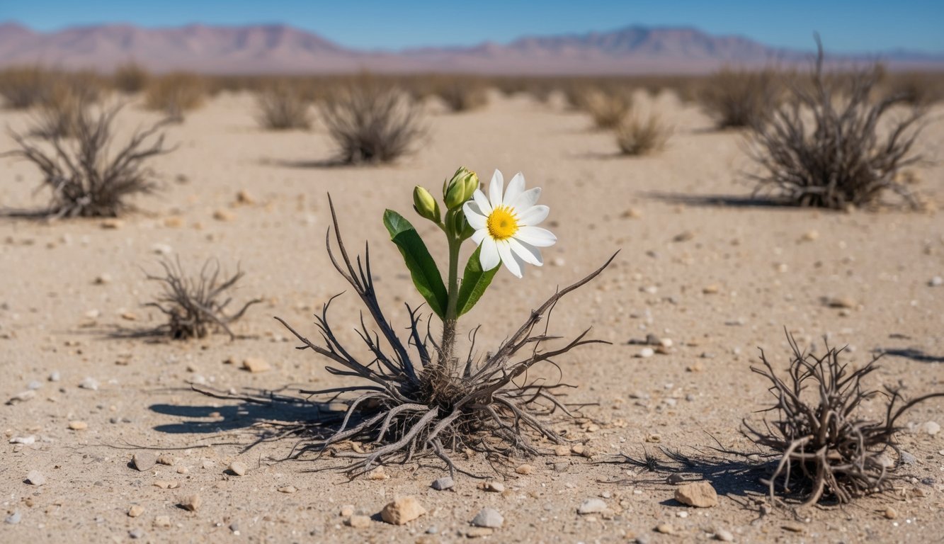 A barren desert landscape with a single blooming flower, surrounded by withered plants, symbolizing hope and miracles in unlikely places