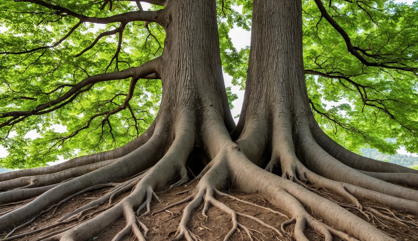 Two trees intertwined, their branches and roots entwined, symbolizing the strength and connection of relationships