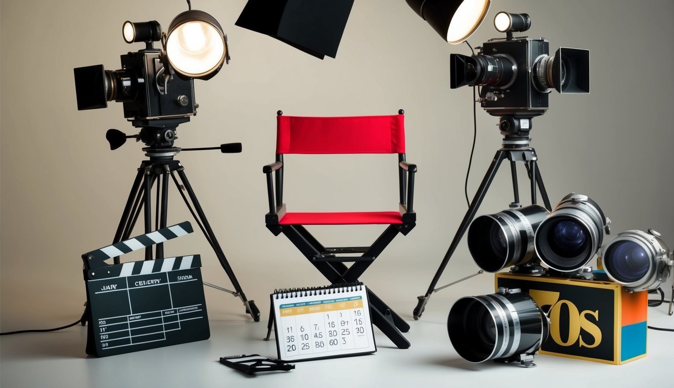 A movie set with a director's chair surrounded by vintage movie cameras and lights, with a clapboard in the foreground and a calendar showing 8 milestone celebrity birthdays in the 70s