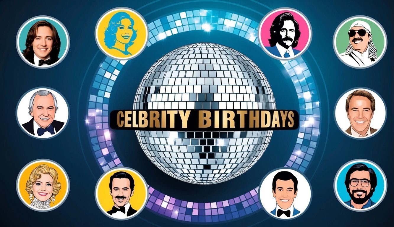 A disco ball surrounded by eight iconic symbols representing milestone celebrity birthdays in the 1970s