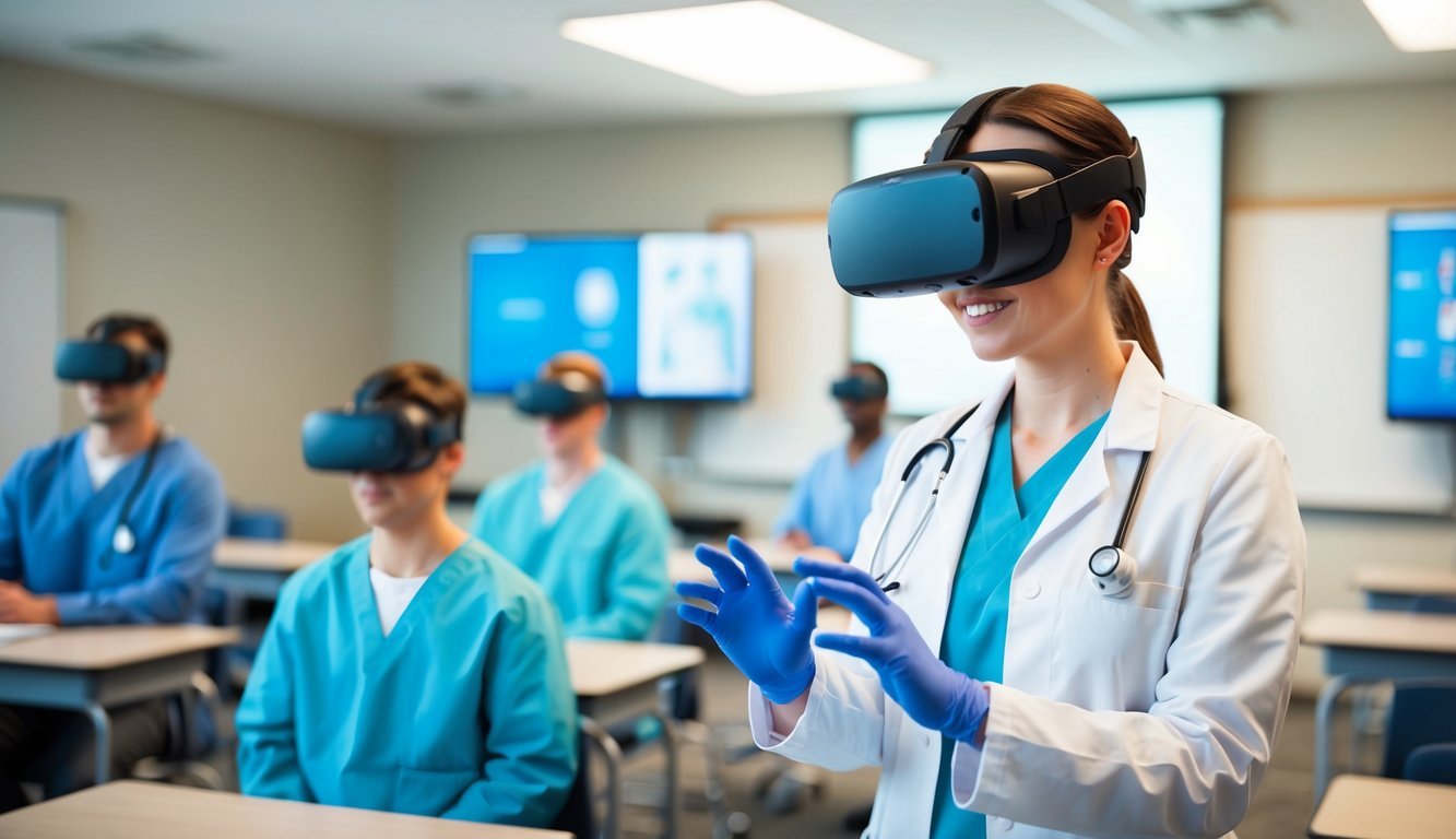 A medical professional wearing a VR headset, interacting with virtual medical simulations in a classroom setting