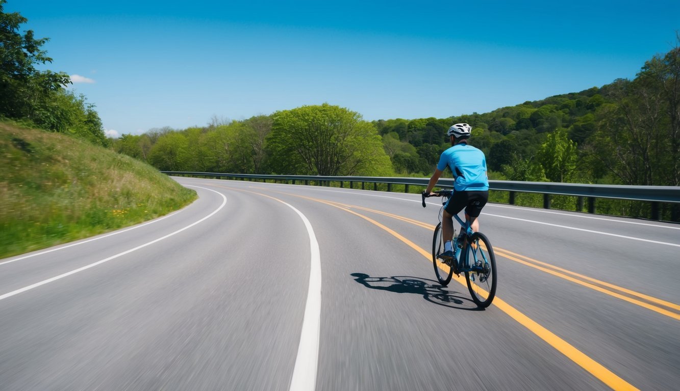 A bicycle cruising along a winding road, with a clear blue sky and lush green trees in the background