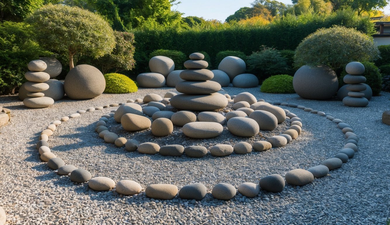 A serene, symmetrical zen garden with carefully arranged rocks and raked gravel, surrounded by balanced, harmonious elements of nature
